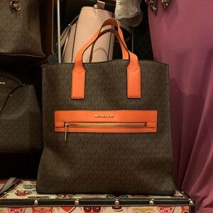 Michael Kors Brown Tote with Orange Trim and Handles